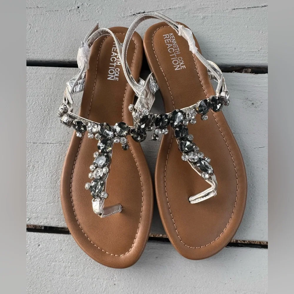 Kenneth Cole Reaction Women’s Drag Fire Sandals – Silver Crystal Thong Style S/8 - Picture 10 of 12